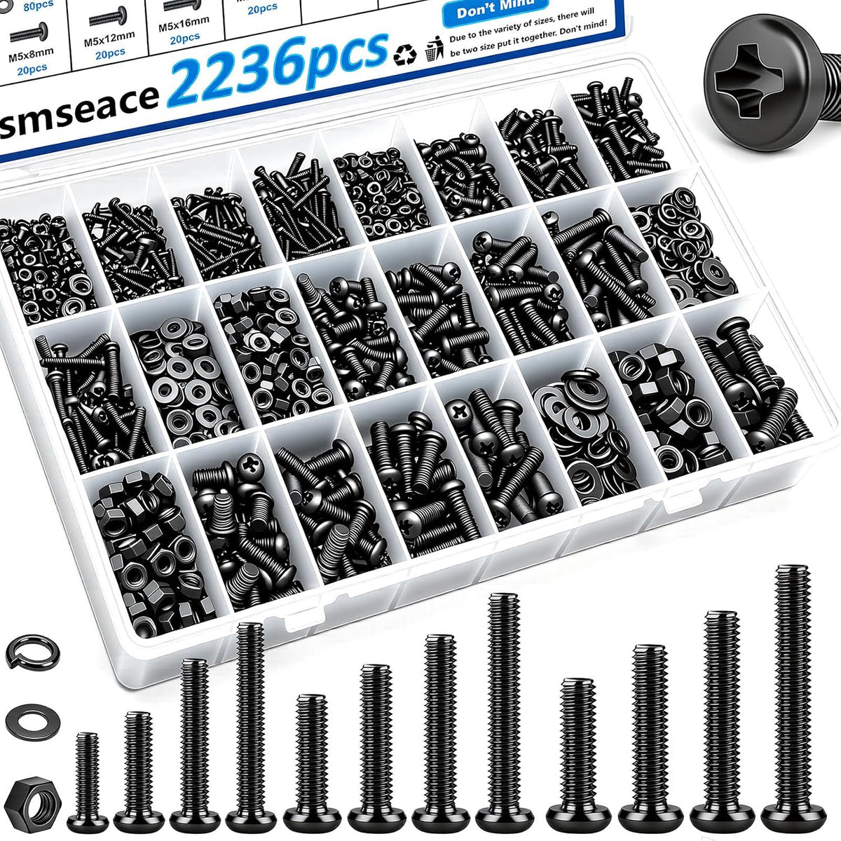 smseace 516Pcs Nuts and Bolts Assortment Kit 21-Sizes M3/M4/M5/M6 Nut Bolt Washer Assortment Kit for Machinery, Furniture, Automotive, Motorcycle Repairs