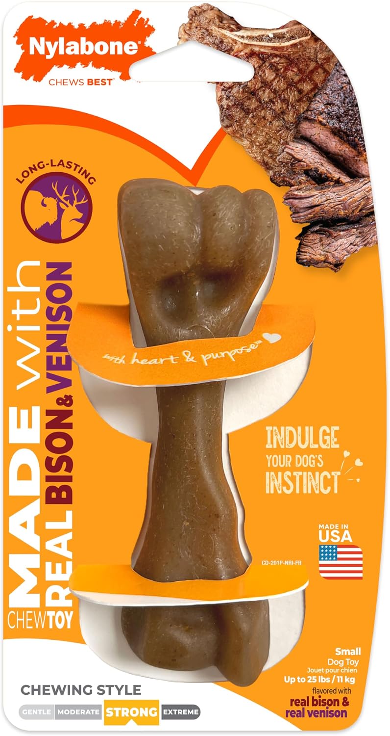 Nylabone Strong Chew Dog Toy 4-Pack, Durable Chew Toys, Large Dogs | Dog toys for aggressive chewers, made with real bacon, bison, venison, beef and chicken; for large breed dogs up to 50 lbs