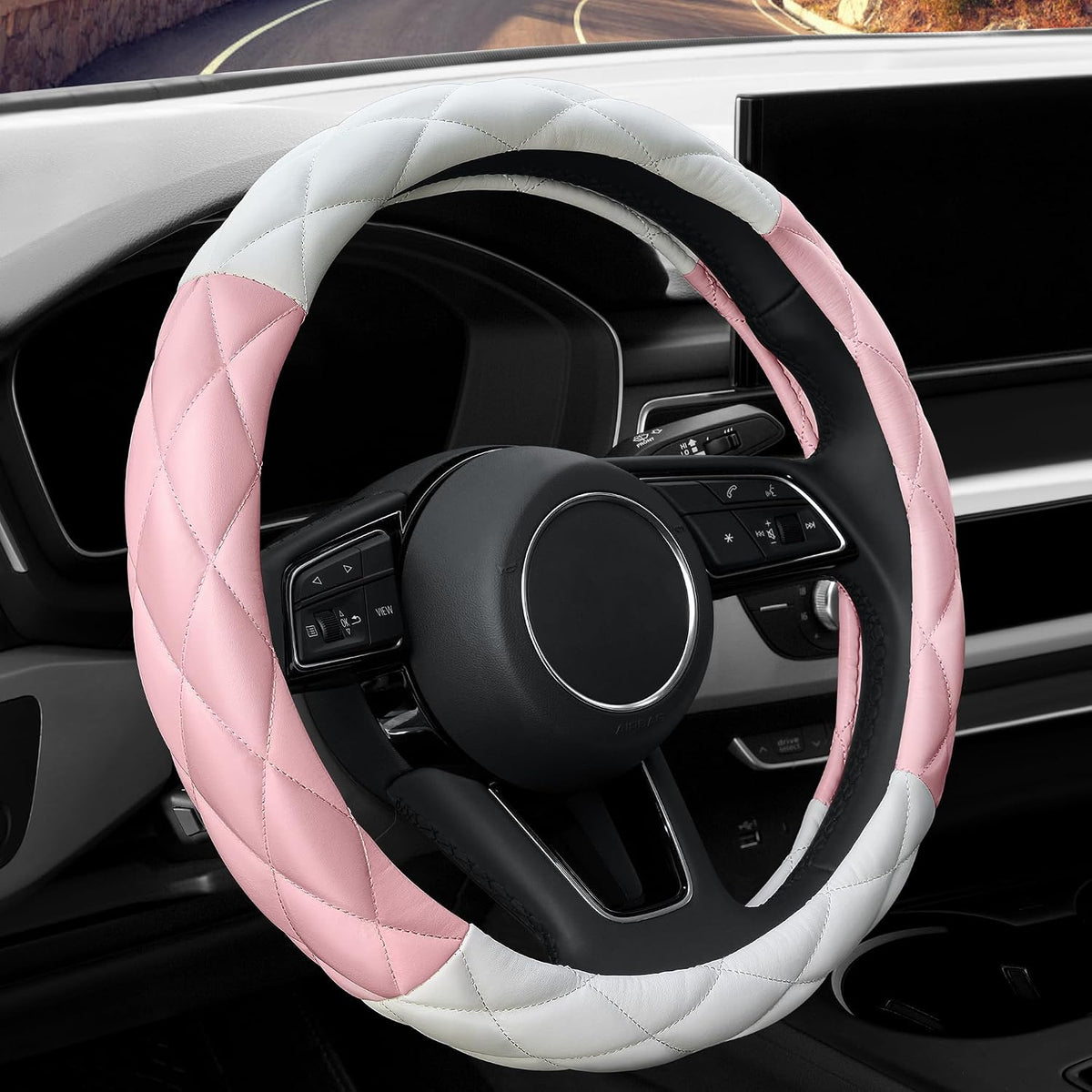 YHONGJT Soft Microfiber Leather Steering Wheel Cover, Universal 15 Inch for Women Girls, Fit Vehicles, Sedans, SUVs, Vans, Trucks - Light Pink