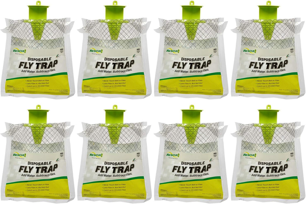 RESCUE! Outdoor Disposable Fly Trap – Hanging Fly Catcher with Attractant Bait, Fly Bag for Patio, Yard, Trash & Farm Areas – Easy-to-Use Outdoor Fly Control - 8 Traps