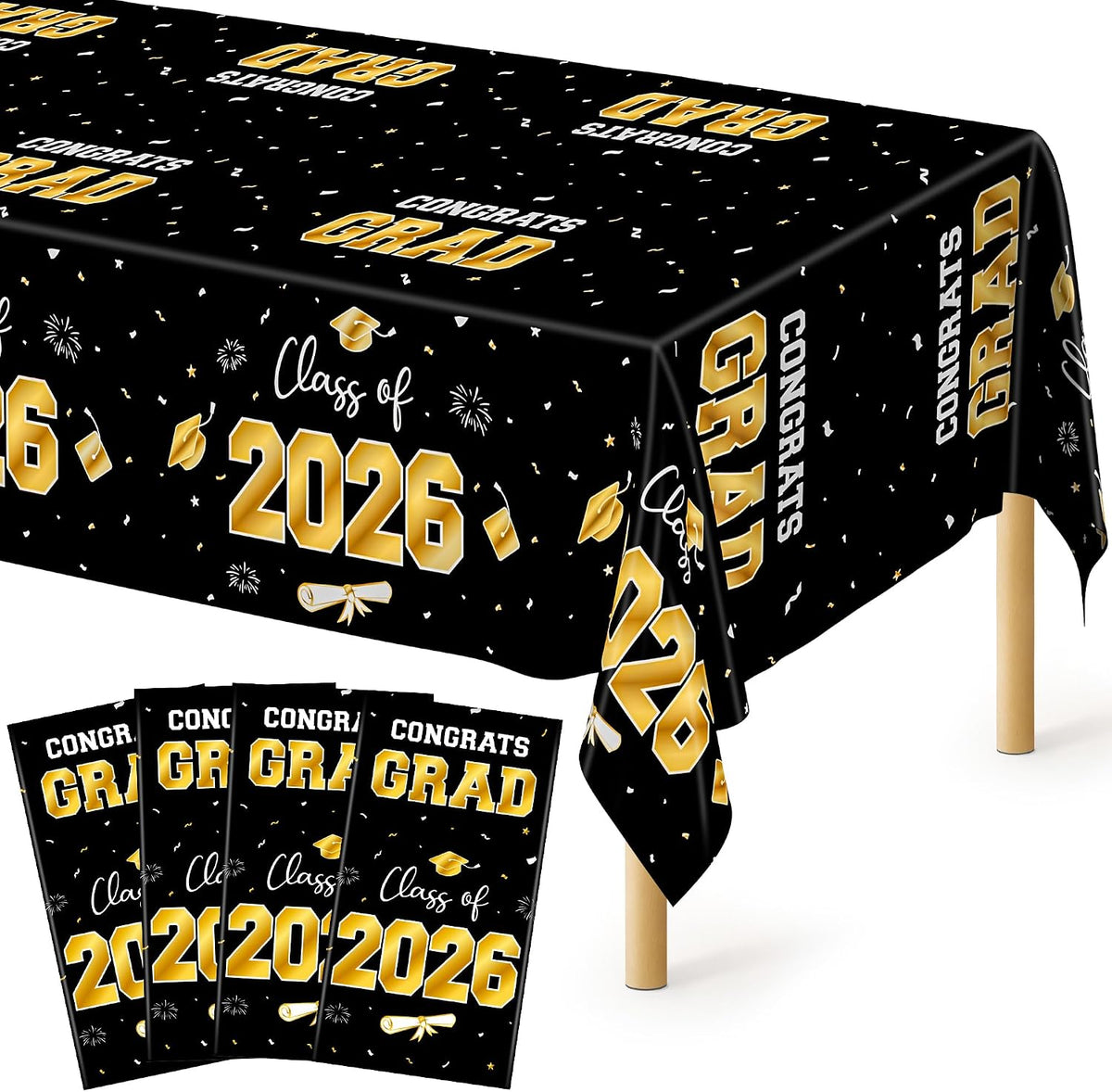4Pack Black and Gold Tablecloths for Events, 54" x 108" Plastic Table Cloth Disposable for Rectangle Tables, Waterproof Table Cloth Cover for New Years Eve Decorations Holiday Birthday Wedding Dining