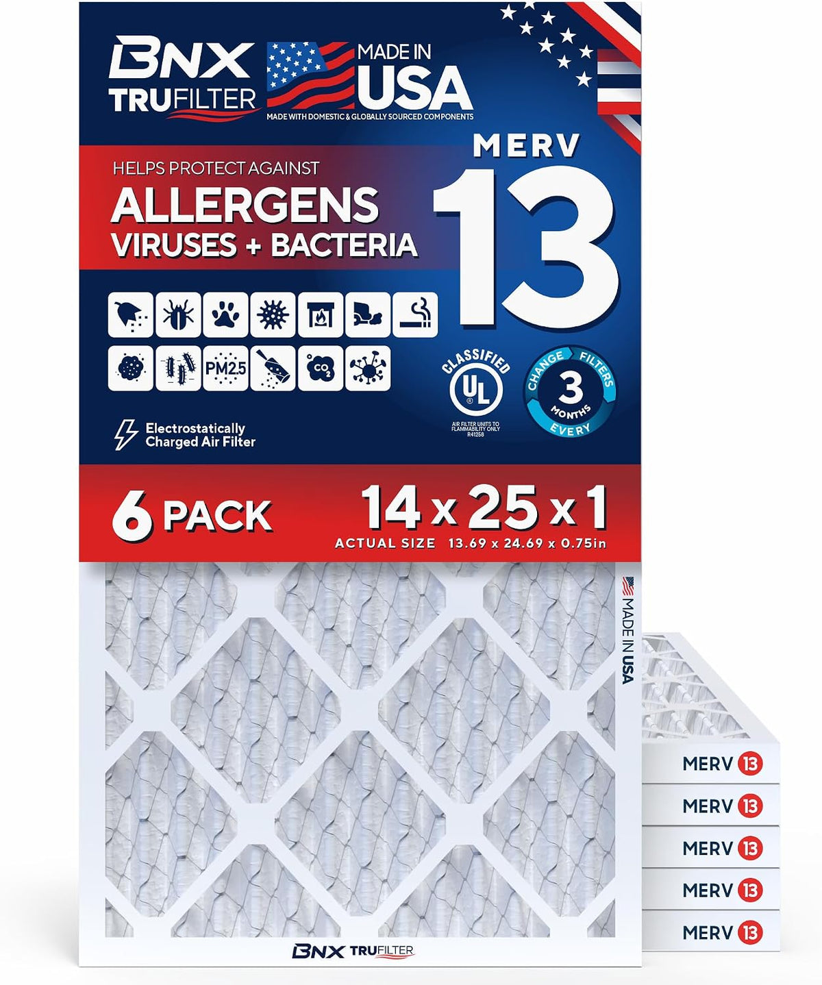 BNX TruFilter 20x20x1 Air Filter MERV 13 AC Filter, HVAC Furnace Filter, 6 Pack (ACTUAL SIZE 19.69"x19.69"x0.75") Allergies, Dust, Pet Dander & Smoke - MADE IN USA - MPR1500 / FPR 10