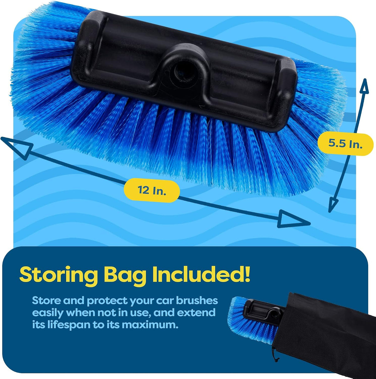 SCRUBIT 12" Car Wash Brush with Soft Bristles for Car Truck Boat Deck & House Cleaning, Exterior Washing Brush Connects with Pole & Hose, Storage Bag Included (Blue)