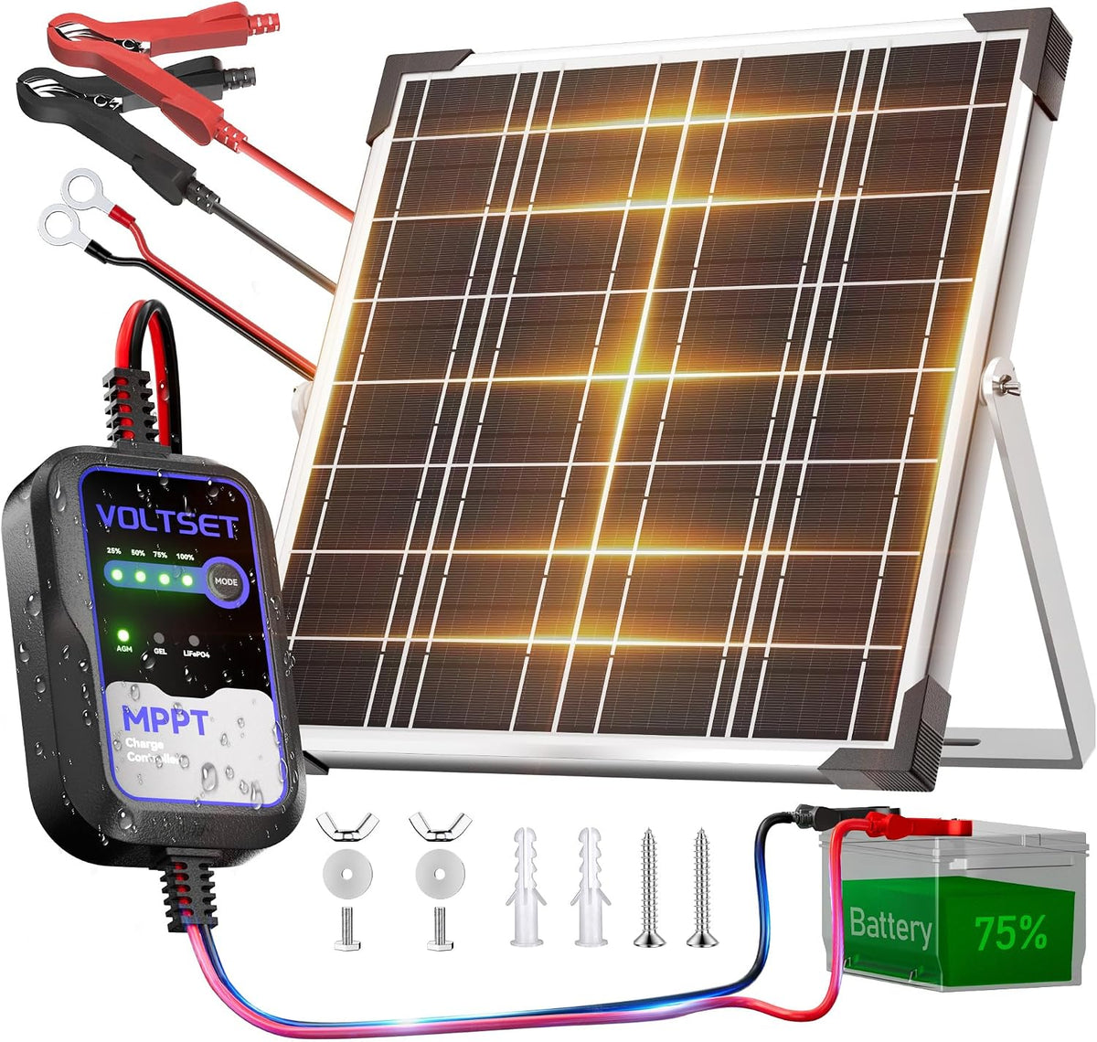Voltset 20W 12V Solar Panel Battery Charger Trickle Maintainer Kit