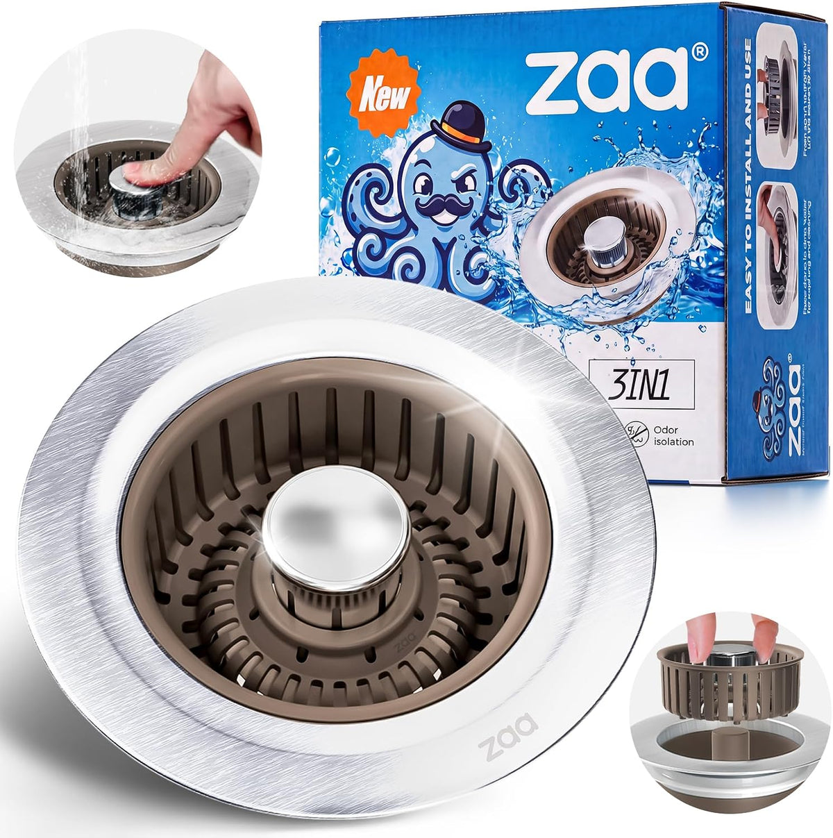 zaa 3 in 1 Kitchen Sink Drain Strainer Stopper Removable Basket Pop-Up