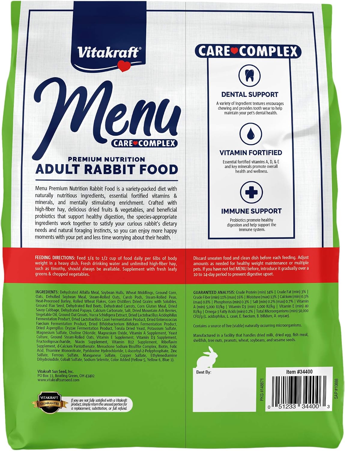 Vitakraft Menu Premium Rabbit Food - Alfalfa Pellets Blend - Vitamin and Mineral Fortified, Carrots, Greens, Grains, Fruits, 5 Lb.