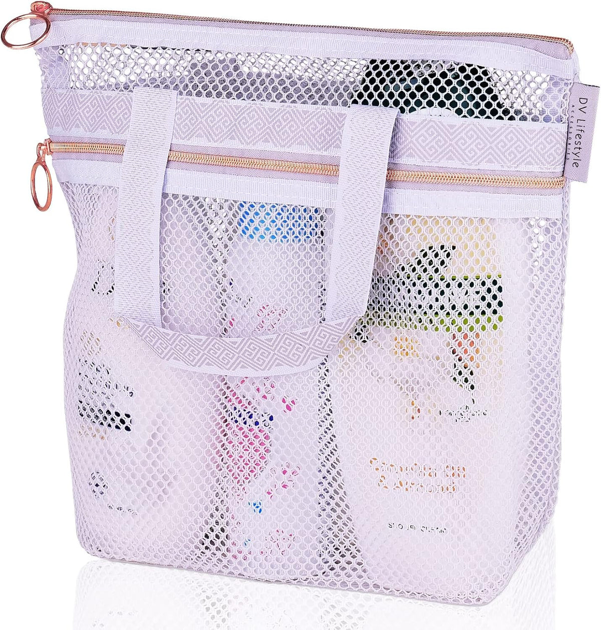 DV Lifestyle Mesh Shower Bag 10.2x9.9'' Quick-Dry Caddy with Zipper & 2 Pockets. Portable Toiletry Tote for Bathroom, Gym, Travel, Camp, Beach, for Sunscreen, Dorm & College Essentials (Black)