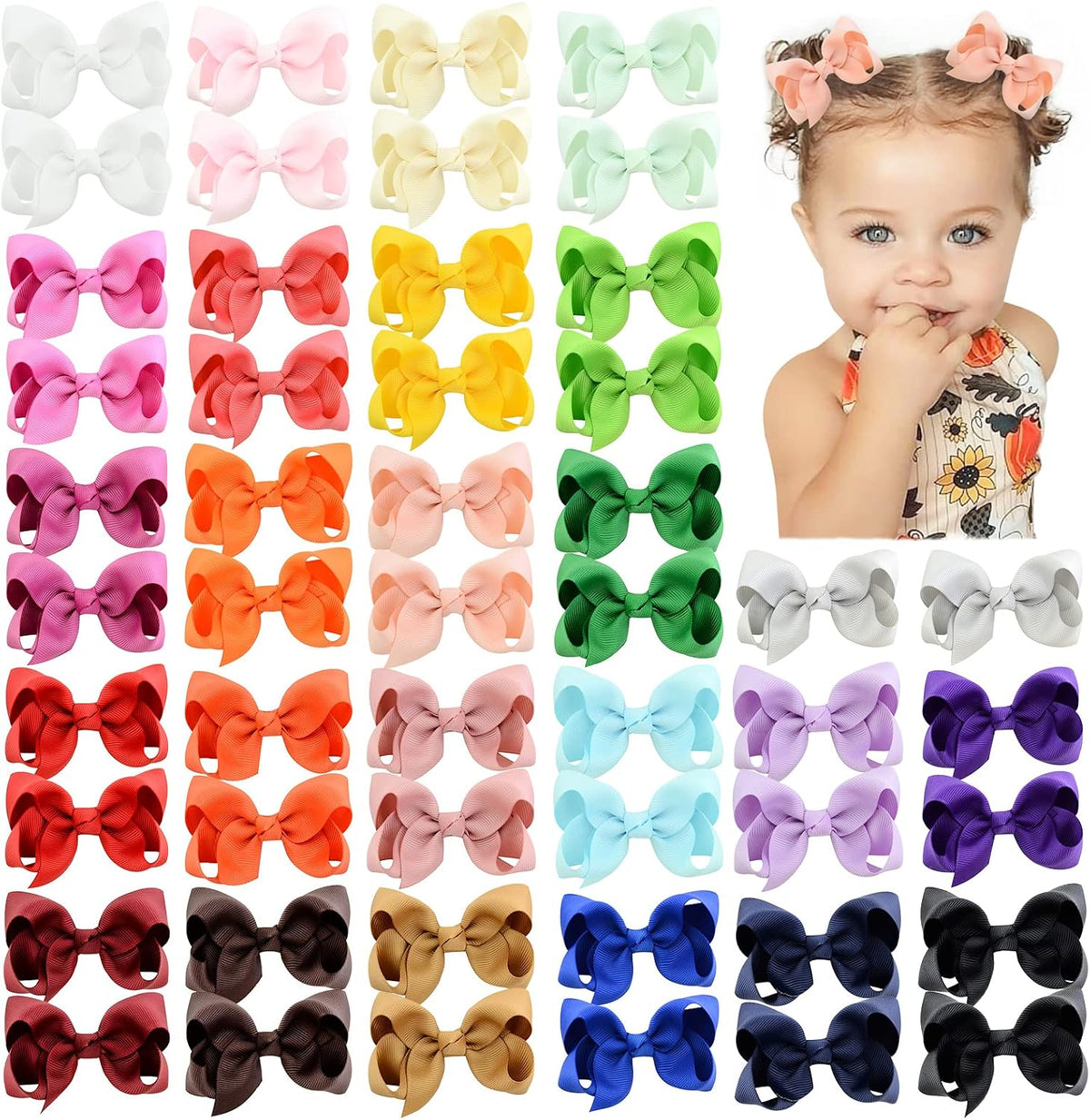 40PCS 4.5 Inch Hair Bows for Girls Grosgrain Ribbon Toddler Hair Accessories with Alligator Clips for Toddlers Baby Girls Kids Teens in Pairs