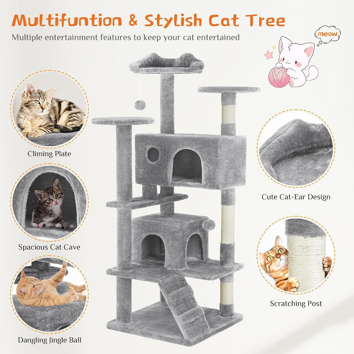 Sweetcrispy 54-inch Cat Tree Tower with Scratching Posts, Indoor Use