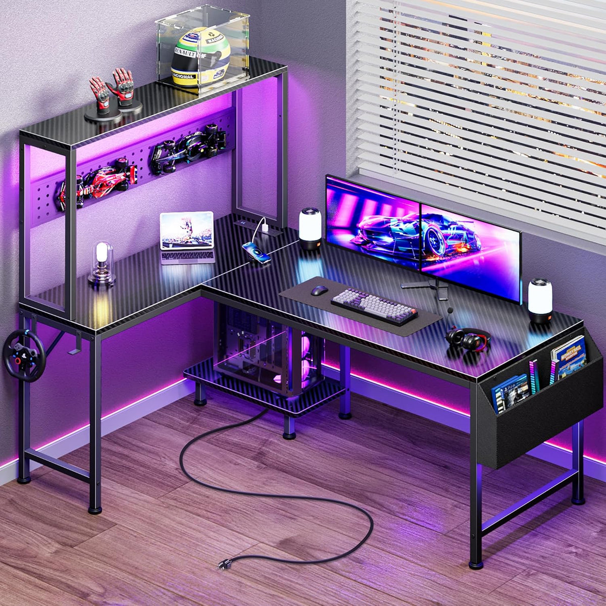 PRAISUN L Shaped Gaming Desk with LED Lights & Power Outlets