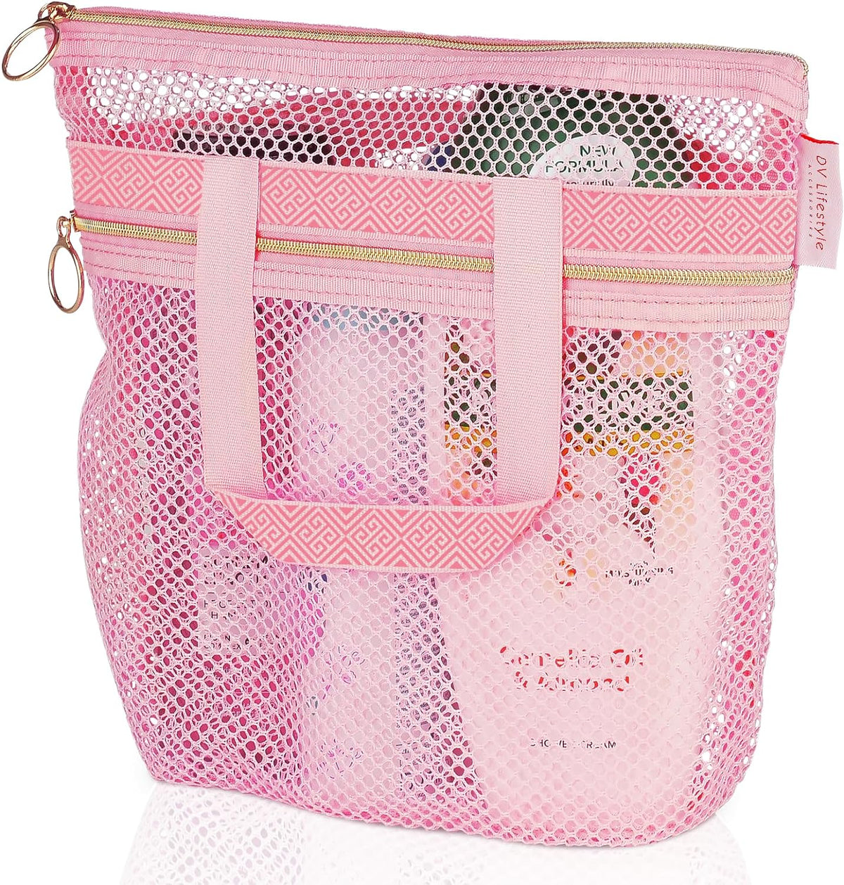 DV Lifestyle Mesh Shower Bag 10.2x9.9'' Quick-Dry Caddy with Zipper & 2 Pockets. Portable Toiletry Tote for Bathroom, Gym, Travel, Camp, Beach, for Sunscreen, Dorm & College Essentials (Black)