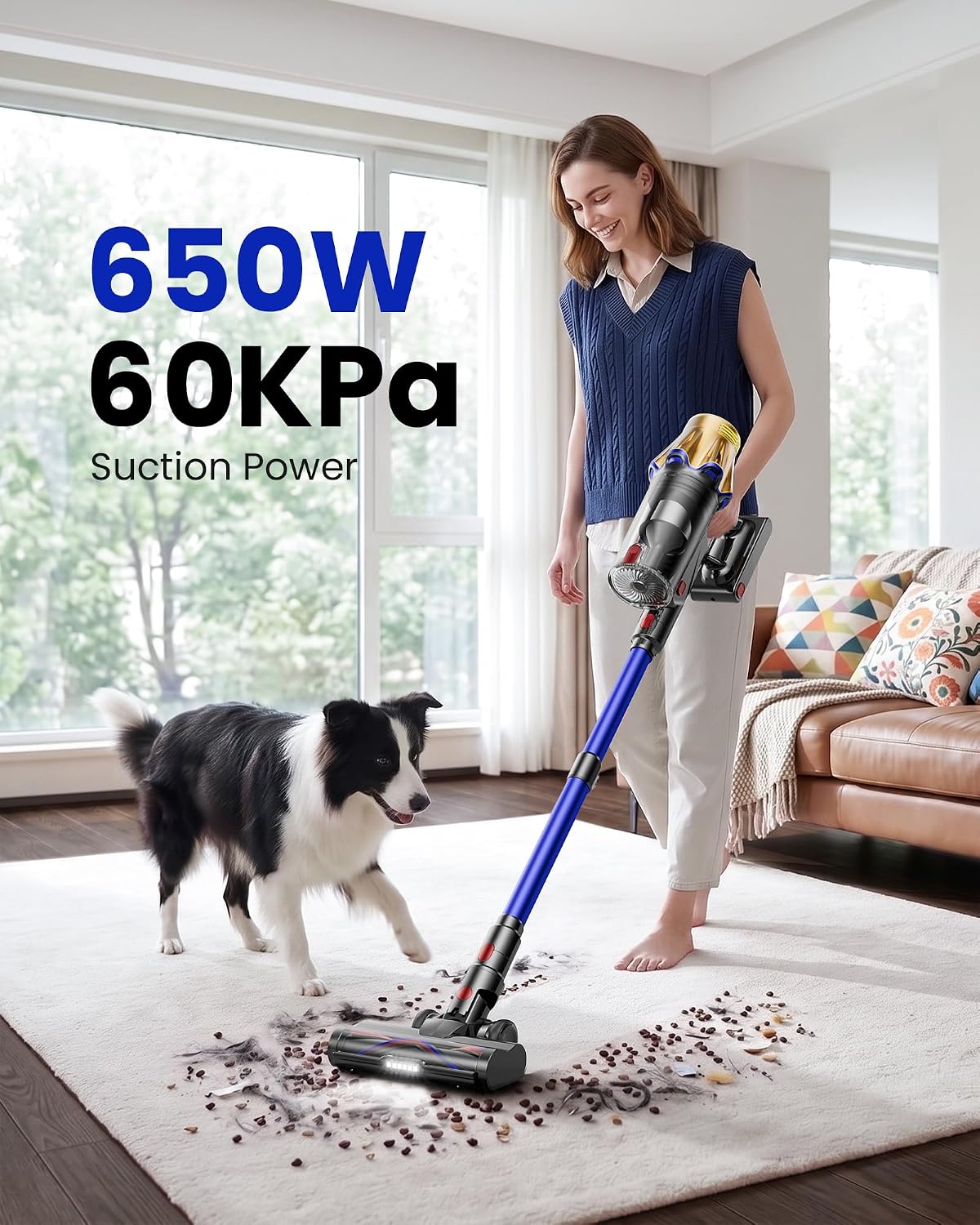 Cordless Vacuum Cleaner, Upgraded 650W 60KPA 70Mins Cordless Stick Vacuum Cleaner with Flexible Hose,Self-Standing,Touch Screen, Anti-tangle Wireless Vacumm Cleaners for Home/Pet Hair/Carpets/Floors