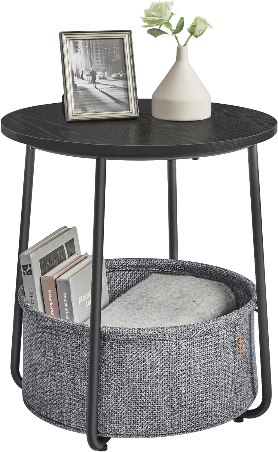 VASAGLE Small Round Side End Table, Small Nightstand with Fabric Basket