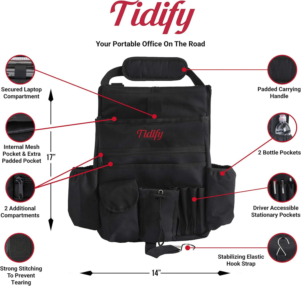 Tidify Car Front Seat Organizer [2025 UPDATED] with Dedicated Tablet and Laptop Storage Stabilizing Side Straps Soft Adjustable Shoulder Strap and Hardened Buckles Your Office Away from Office.