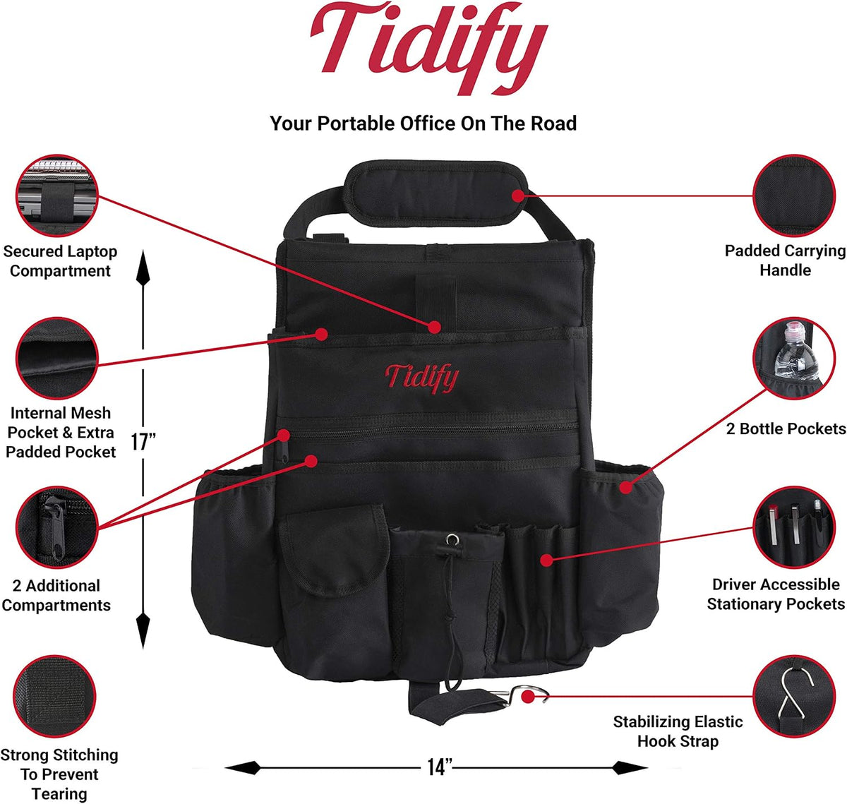 Tidify Car Front Seat Organizer [2025 UPDATED] with Dedicated Tablet and Laptop Storage Stabilizing Side Straps Soft Adjustable Shoulder Strap and Hardened Buckles Your Office Away from Office.
