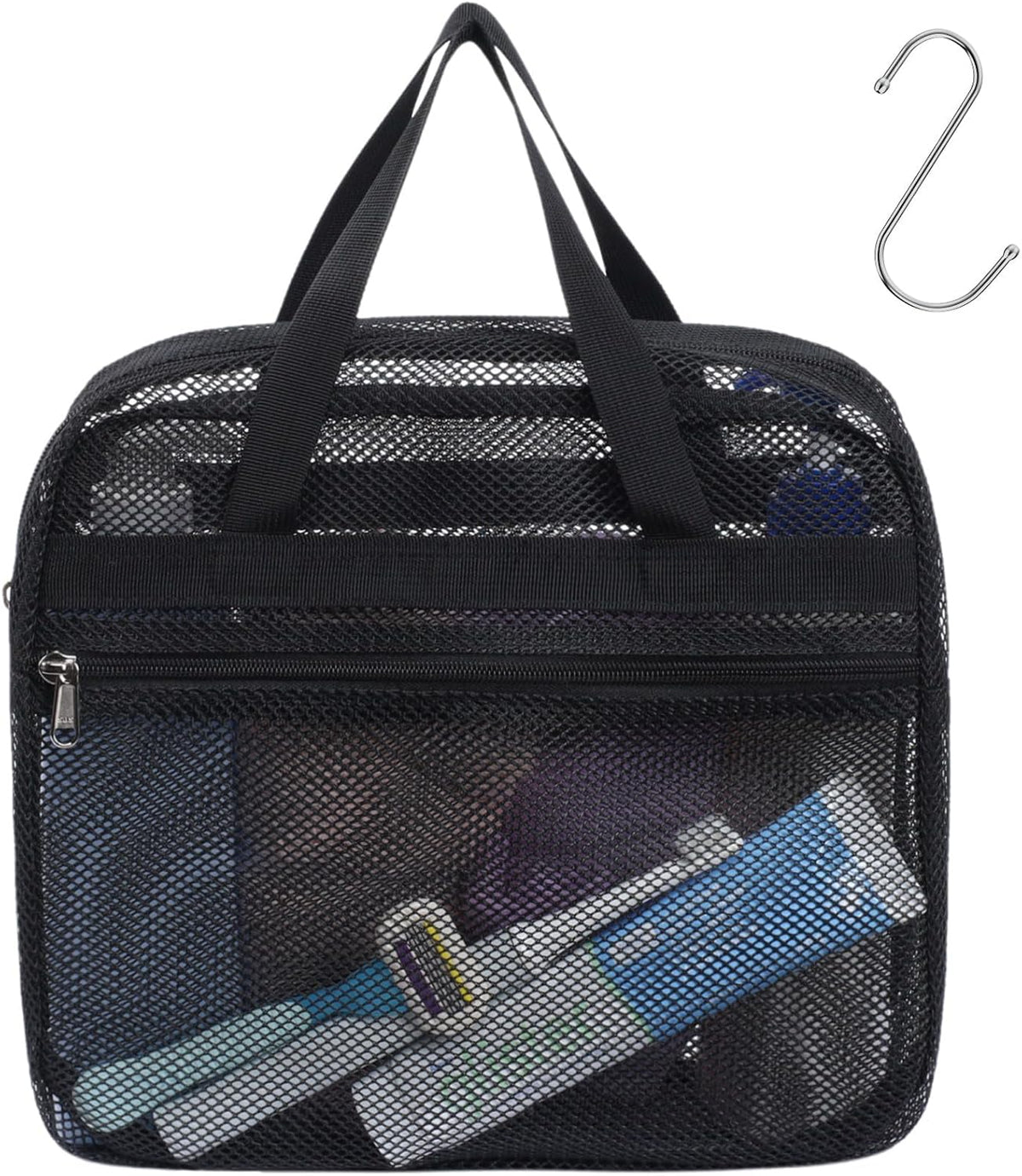 Mesh Shower Caddy Portable - 8 Pockets, S-Hook, Shower Bag for Dorm Camping