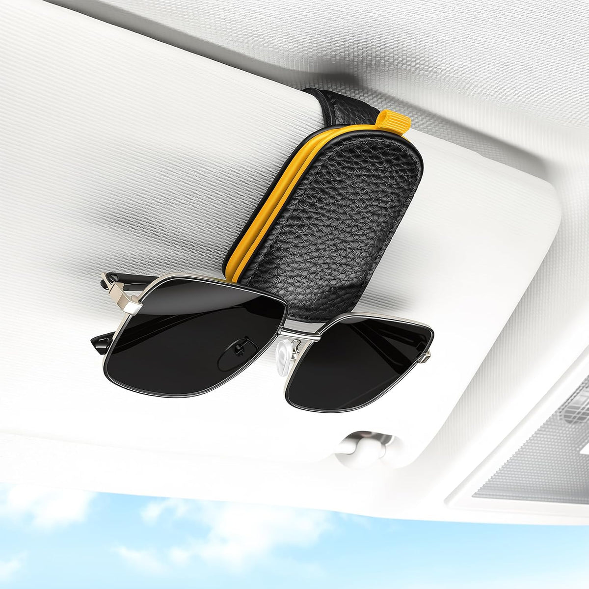 SINGARO 2PCS Sunglasses Holder for Car, Leather Magnetic Buckle Sun Visor Sunglass Clip, Ticket Card Storage Glasses Clip, Car Interior Accessories for Men and Women（Black）