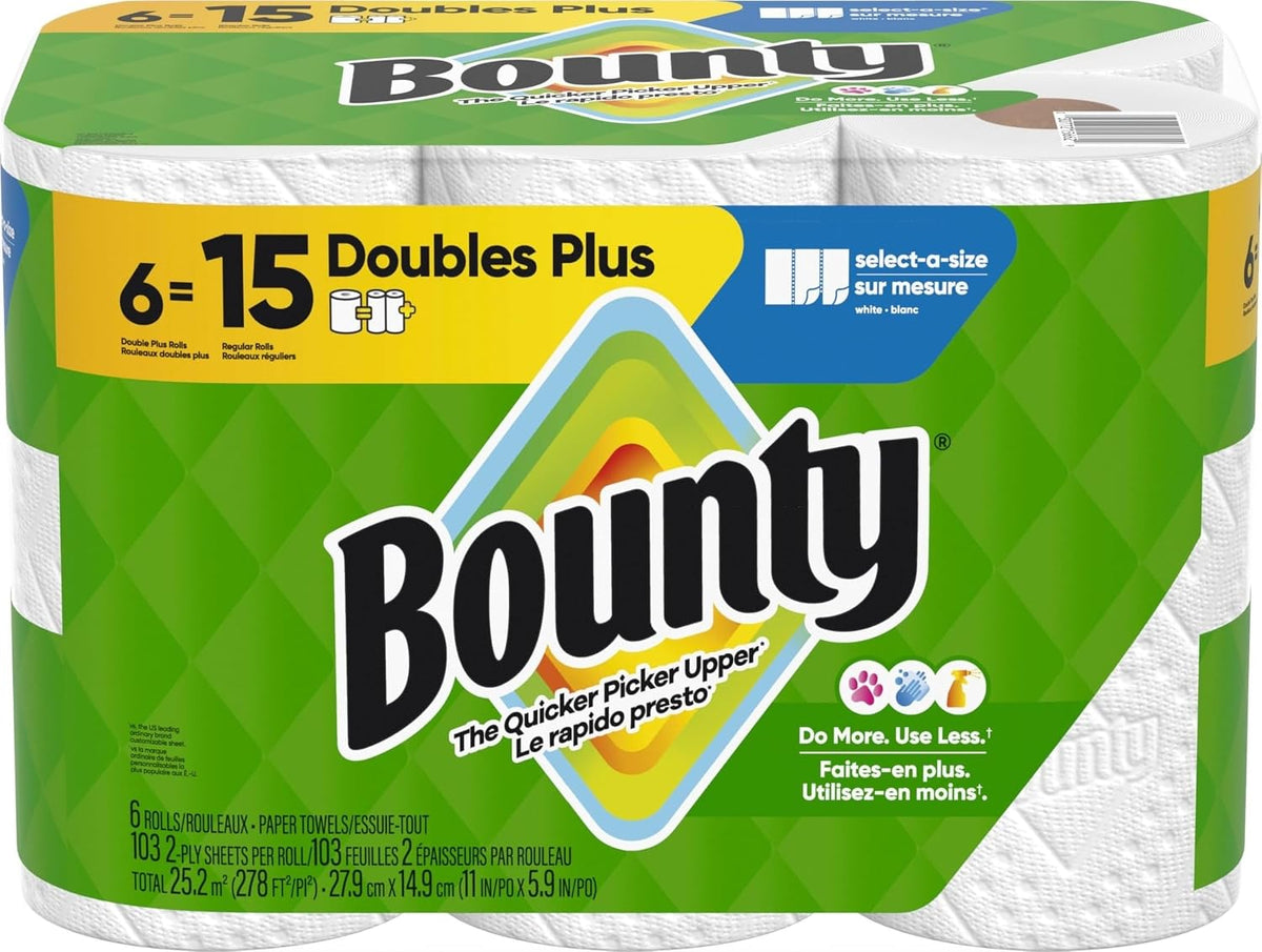 Bounty® Select-A-Size® Double 2-Ply Paper Towels, 98 Sheets Per Roll, Pack of 12 Rolls