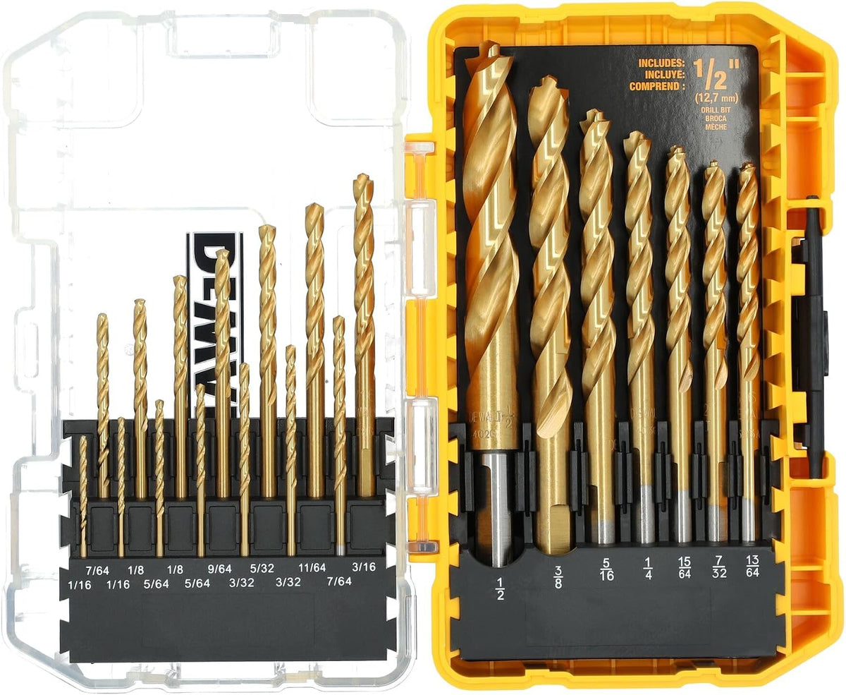 DEWALT Drill Bit Set, 21 Pc. Titanium Nitride Coated Pilot Point DEWALT Bit Set with Case for Wood, Metal and Plastic (DW1361)