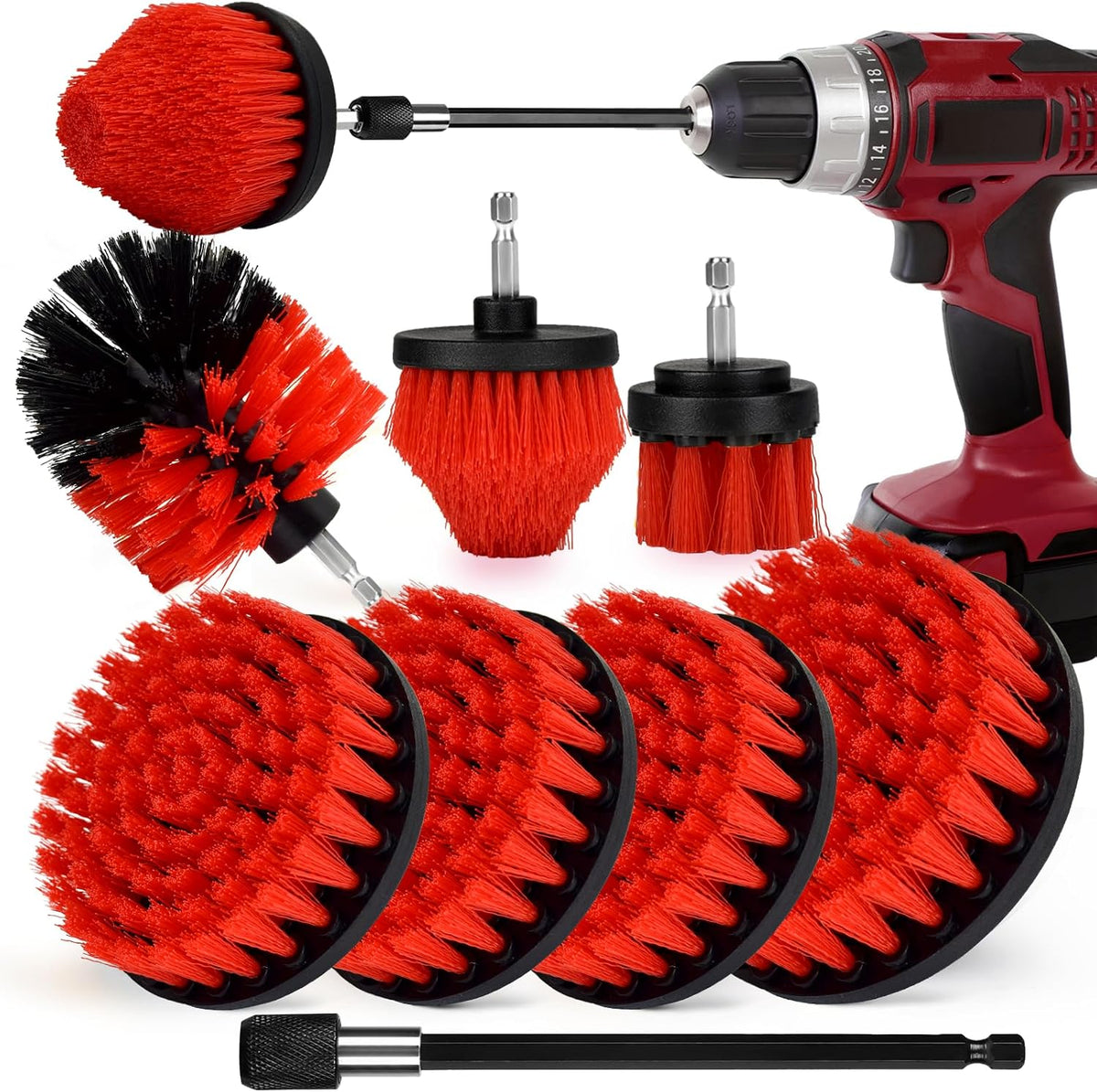 8 Pack Drill Brush Attachment Set, 1/4in Power Scrubber Brush+ Extend Long Rod, Brush Drill Attachment, Power Cleaning Scrub Brush for Bathroom, Tub, Tile, Corner, Floor