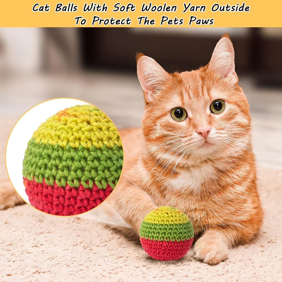 Retro Shaw Cat Toys Balls, Wool Yarn Cat Ball with Bell Inside, 6Pcs