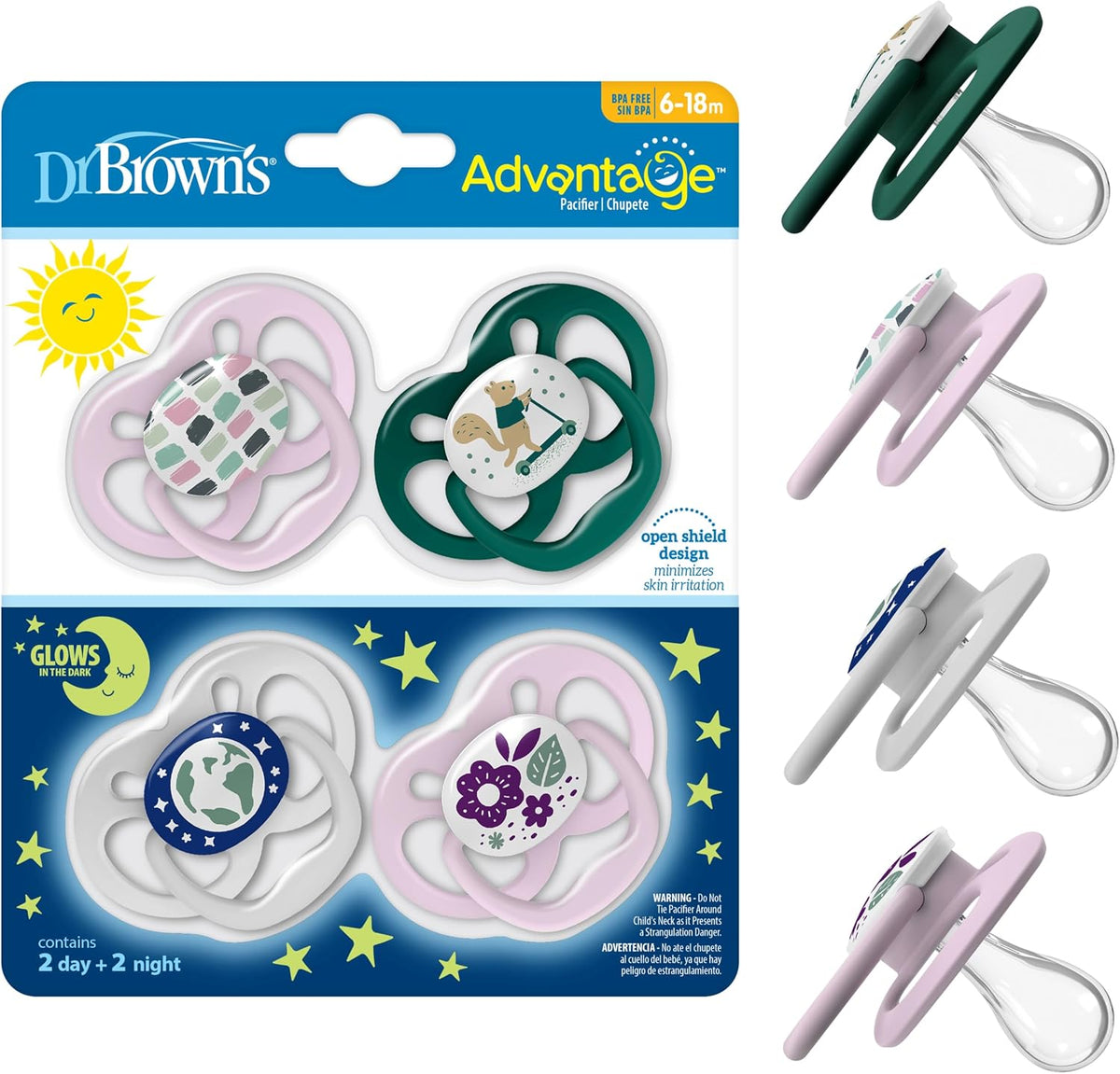 Dr. Brown's Advantage Glow-in-the-Dark Baby Pacifier, Fully Symmetrical Soother with Soft Silicone Bulb, Skateboard Snail-Blue Nature, 6-18m, BPA Free, 4 Pack