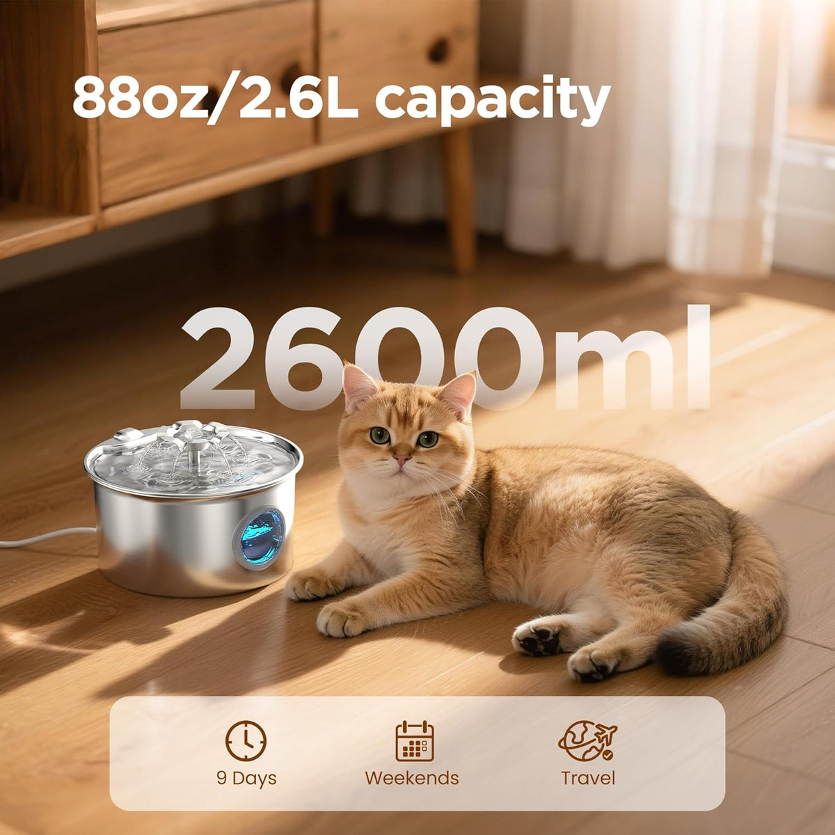 Stainless Steel Cat Water Fountain: 88oz/2.6L Pet Fountain for Drinking