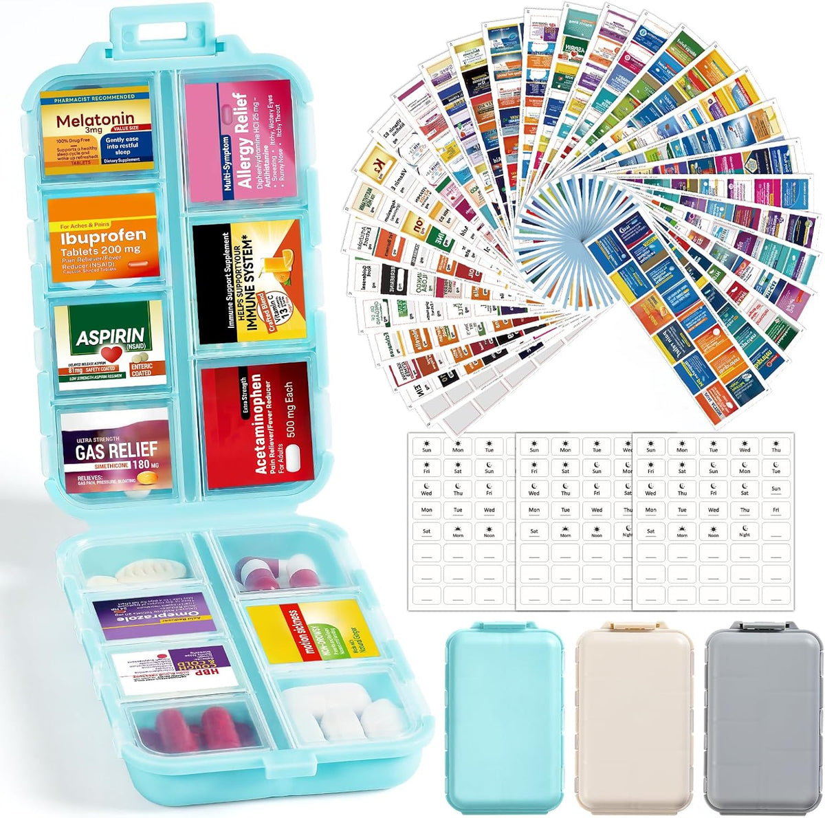 LANDNEOO 14 Grids Pill Organizer Box with Labels, Travel Medication Holder Dispenser Case Kit, Pocket Daily Pharmacy Container for Fish Oil Vitamin Supplement Storage, Khaki Pink Grey, 3 Pack