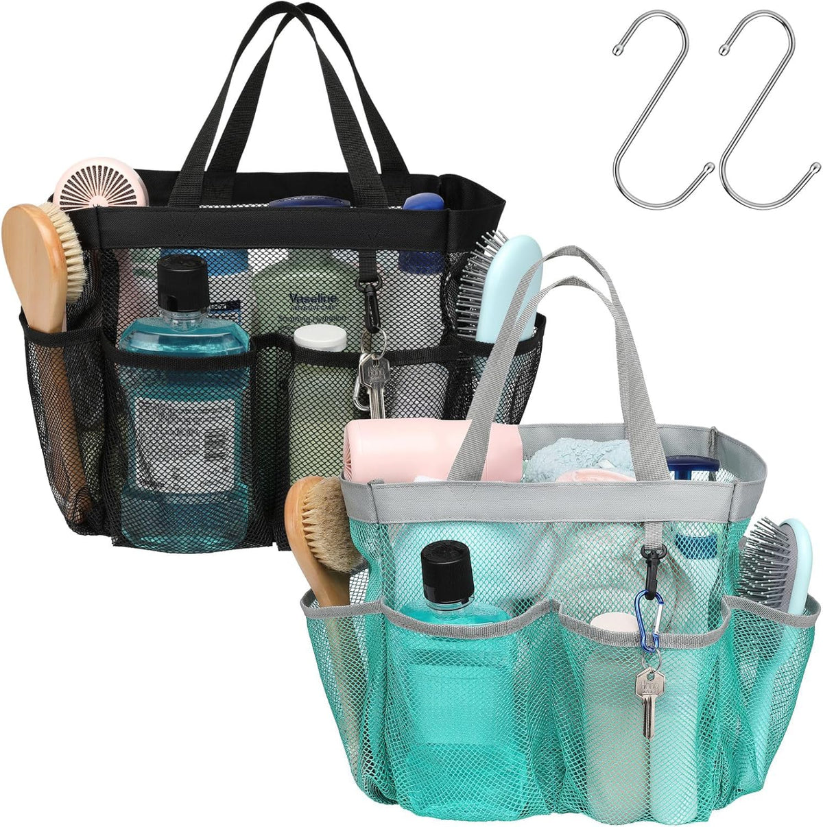Mesh Shower Caddy Portable - 8 Pockets, S-Hook, Shower Bag for Dorm Camping