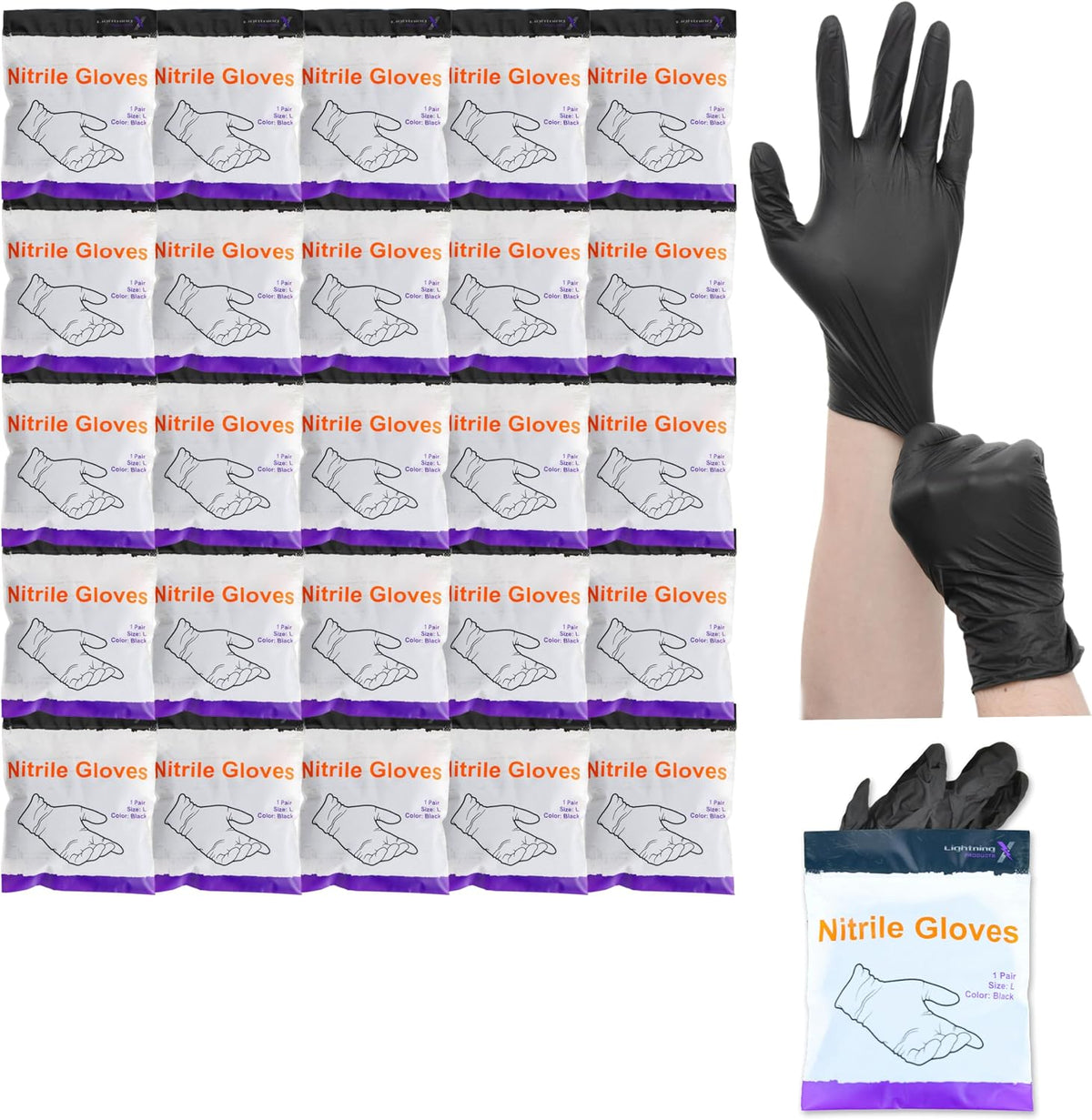 Lightning X Nitrile Exam Glove Pairs | Individually Packed | 50 Gloves | 25 Pairs | Resealable Zip Bag - Large (Fits Most)