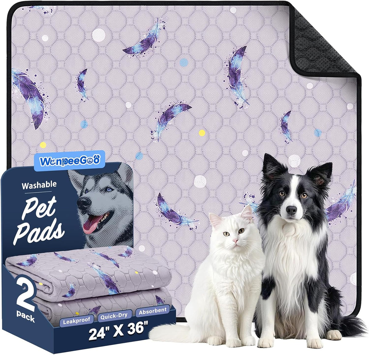 Washable Dog Pee Pads, Non-Slip Waterproof, 36 x 41 in, 2 Pack, Feather | Super absorbent, waterproof and non-slip; washable, reusable dog pads for crates, playpens, floors, furniture and travel