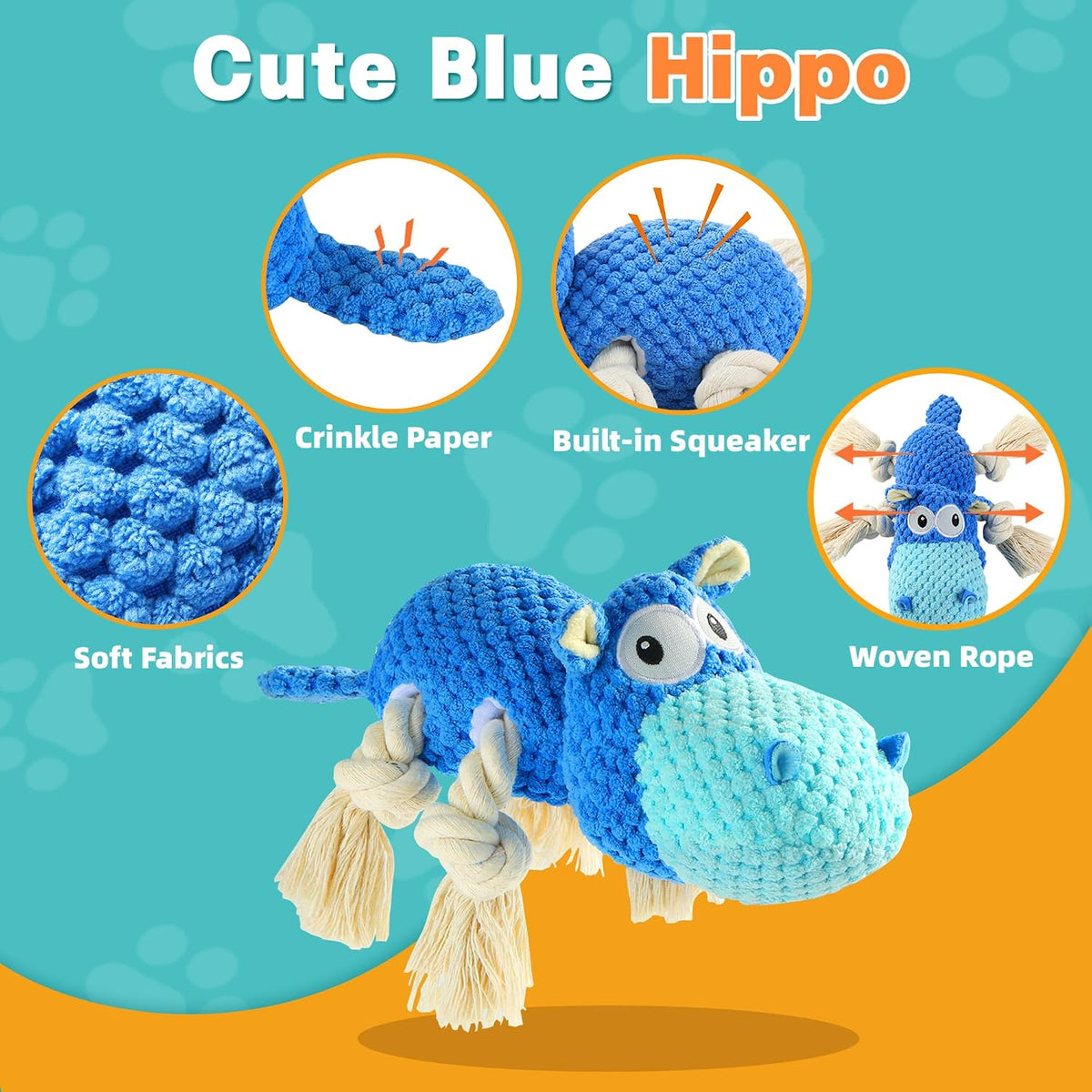 TOOPTATE Hippo Squeaky Dog Toy, Blue, Medium | Cute Plush Design, Rope Legs for Tugging, Helps Keep Dogs Busy, Suitable for Small, Medium, and Large Dogs