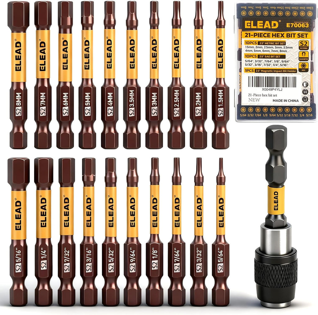 21-Piece 2.5" Allen-Wrench Hex Drill Bit Set, Durable Impact Allen Key Set, Long-Lasting Strong Magnetic Hex Screwdriver Bit Set, SAE & Metric Size, Mechanic Automotive Furniture DIY Home Repairs