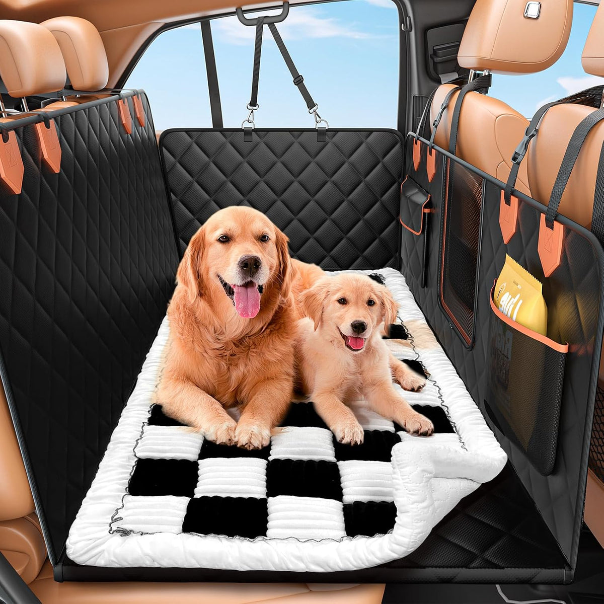 IJVAE Dog Seat Cover for Back Seat, Hard Bottom Back Seat Extender Holds 500 lbs, Waterproof & Nonslip Car Hammock for Large Pets, Comfortable Travel Seat Protector for SUV and Sedan