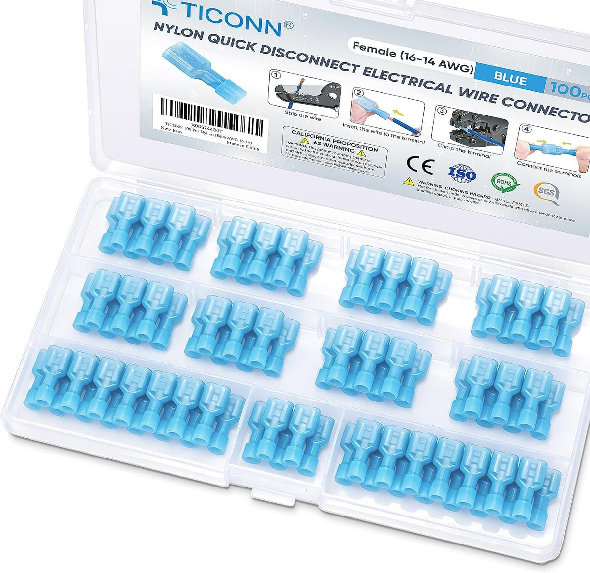 TICONN 100 Pcs Nylon Spade Connector Kit, Insulated Crimp Wire Connectors