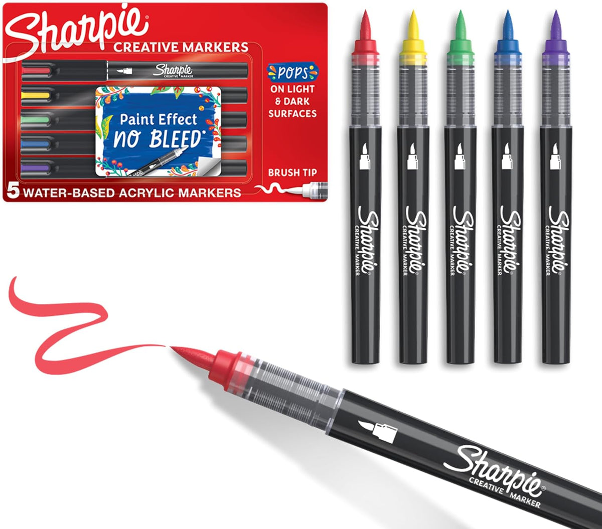 Sharpie Creative Markers, Water-Based Acrylic, Brush Tip, Assorted Colors, 12 Count – Arts & Crafts, Kids Activity, School Classroom; Works on Paper, Metal, Wood, Ceramic, Glass, Rock, Canvas
