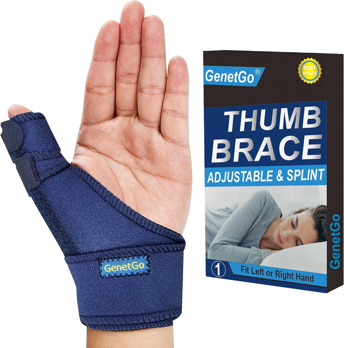 GenetGo Trigger Thumb Splint - Thumb Spica Support Brace Stabilizer for Pain, Sprains, Arthritis, Tendonitis (Right Hand or Left Hand) (Black)