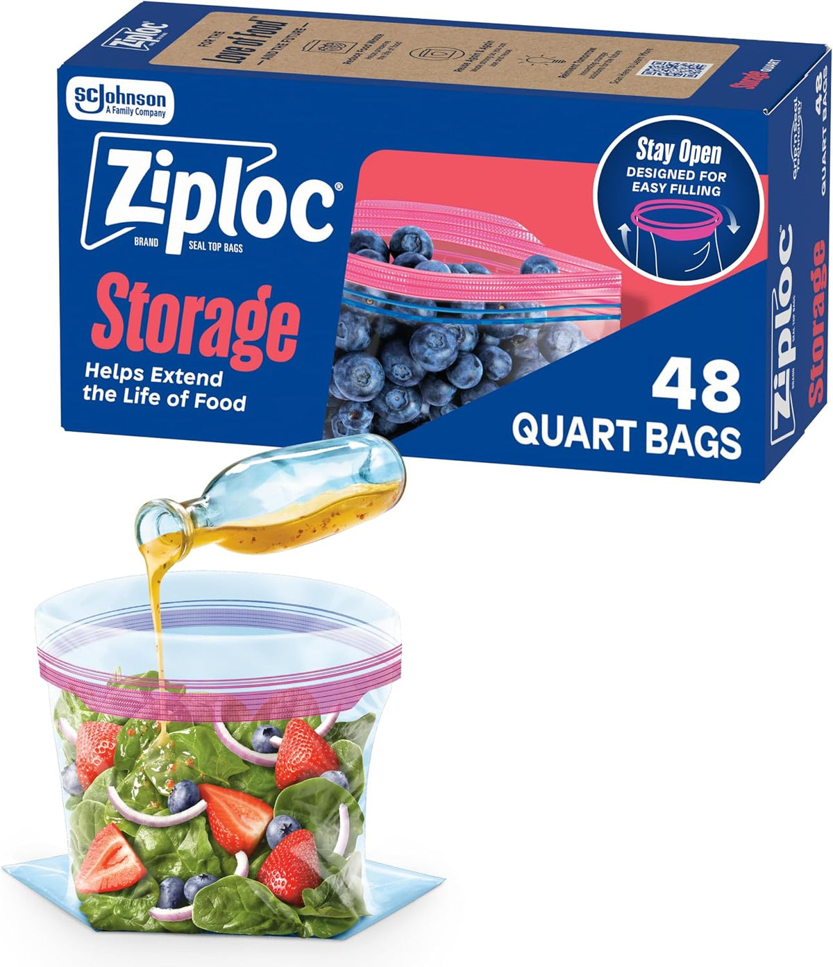 Ziploc Quart Food Storage Bags, Stand-Up Bottom, 100 Count