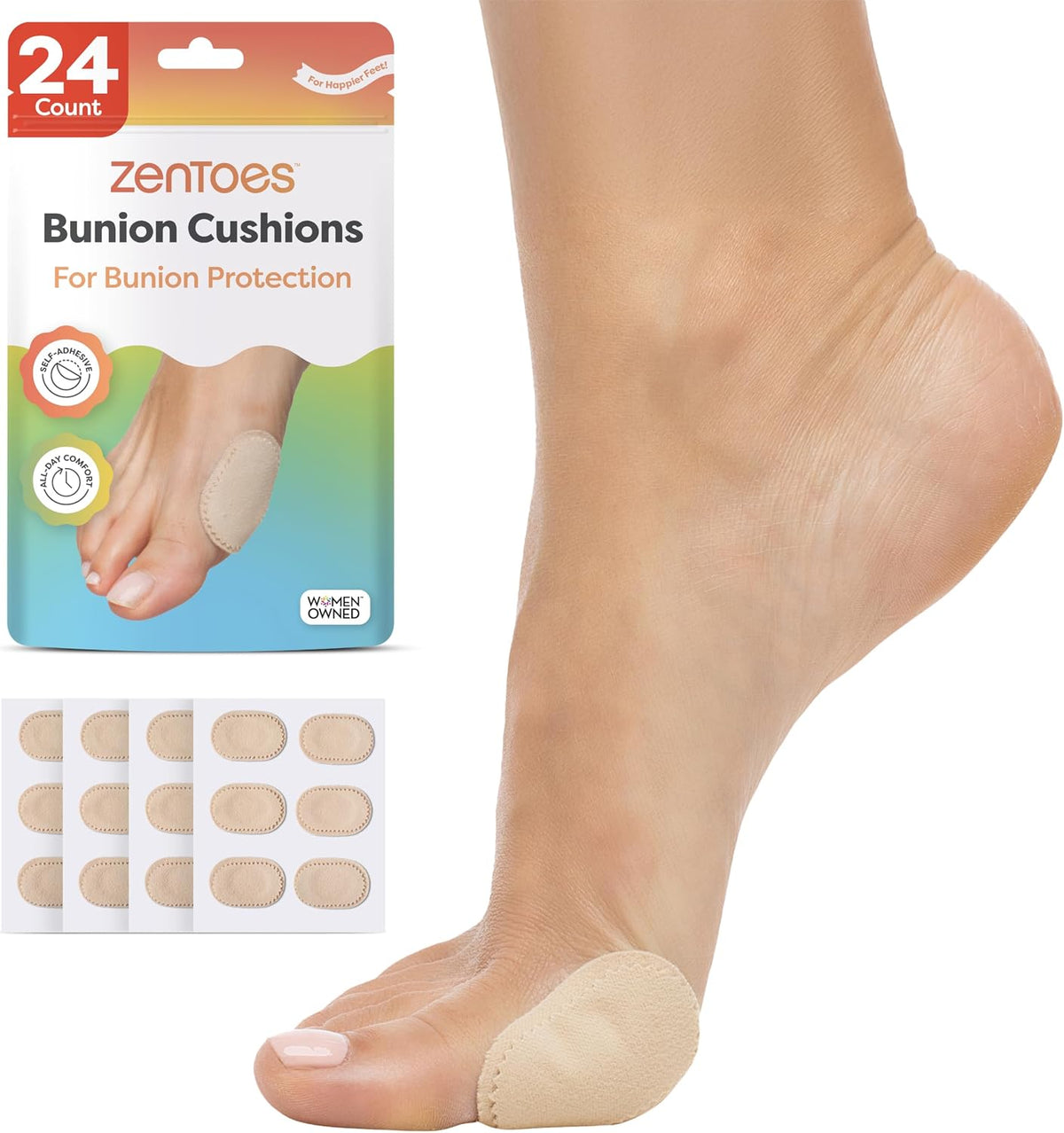 ZenToes Bunion Pads to Wear with Shoes, Waterproof Protectors, 24 Count