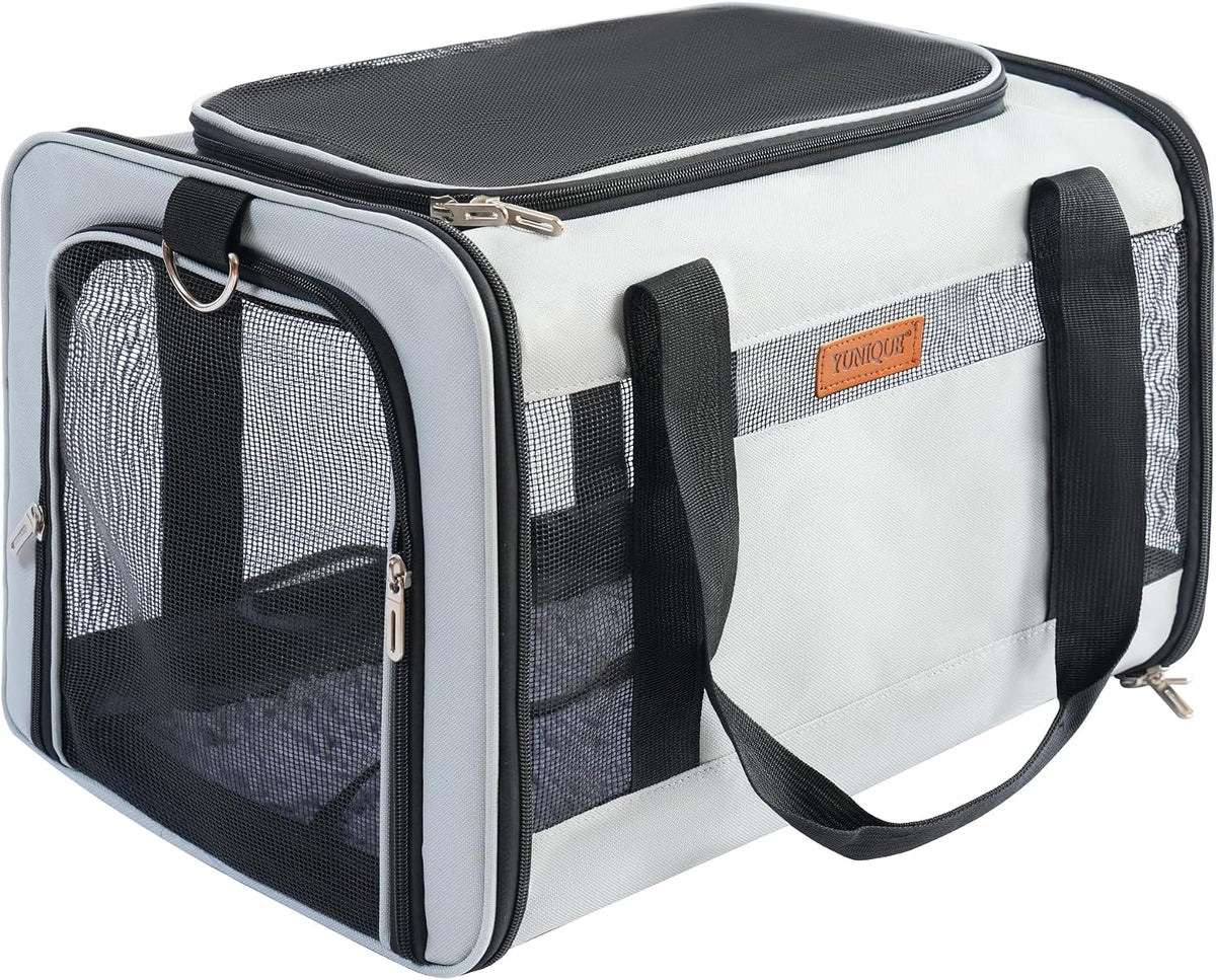 YUNIQUE Soft-Sided Cat & Dog Carrier for Pets Up to 15 Lbs, Airline Approved Collapsible Travel Puppy Carrier with Lightweight Fabric Design (Grey)