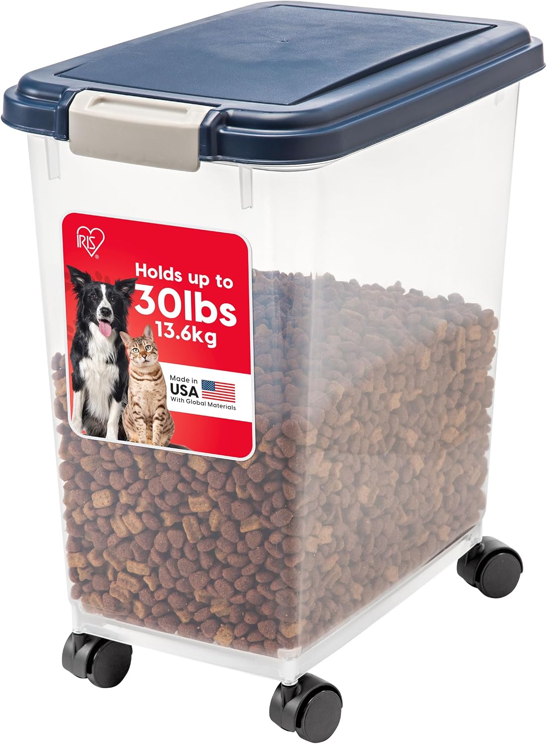IRIS USA Airtight Pet Food Storage Rolling Container, 30 lb Capacity, Black | Airtight seal keeps kibble, bird seed, and pet food fresh while wheels provide easy mobility around the home.