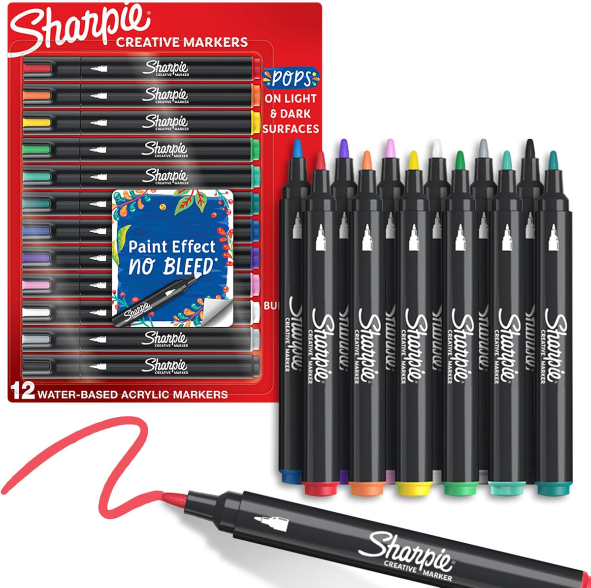 Sharpie Creative Markers, Water-Based Acrylic, Brush Tip, Assorted Colors, 12 Count – Arts & Crafts, Kids Activity, School Classroom; Works on Paper, Metal, Wood, Ceramic, Glass, Rock, Canvas