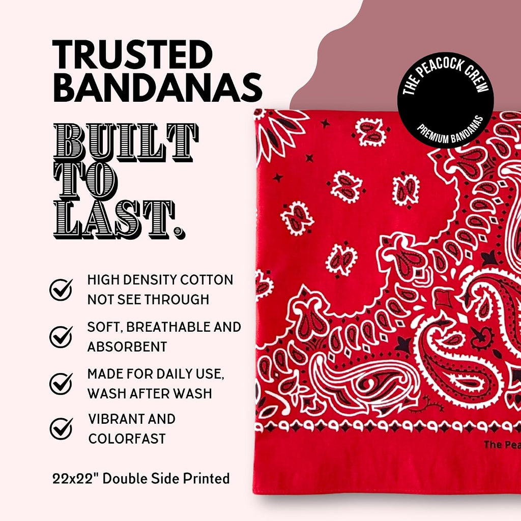 The Peacock Crew Premium Soft Cotton Bandanas Pack for Men and Women Paisley 22 x 22 inches