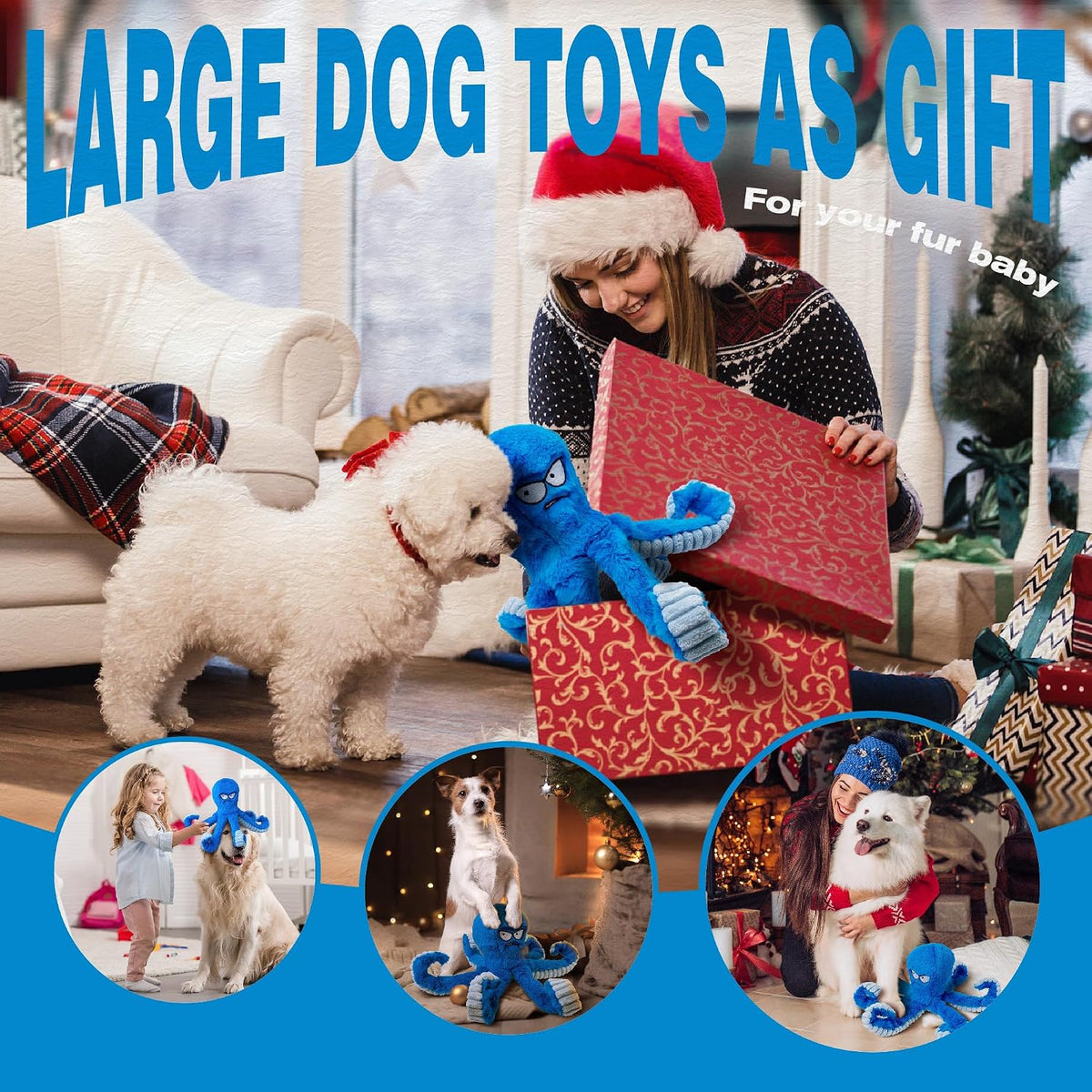 LEGEND SANDY Tough Dog Toys, Stuffed Chew Large Dog Toys to Keep Them Busy, Interactive Squeaky Tug of War Doggie Toy, Crinkle Blue Octopus | Interactive Tug of War Puppy Toys, Crinkle Stuffed Octopus for Small Medium and Large Breeds, Birthday Gift for P