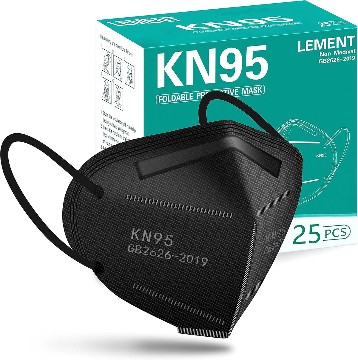 LEMENT 50pcs KN95 Face Mask Black 5-Layer Filter≥95% Cup Dust Safety Masks