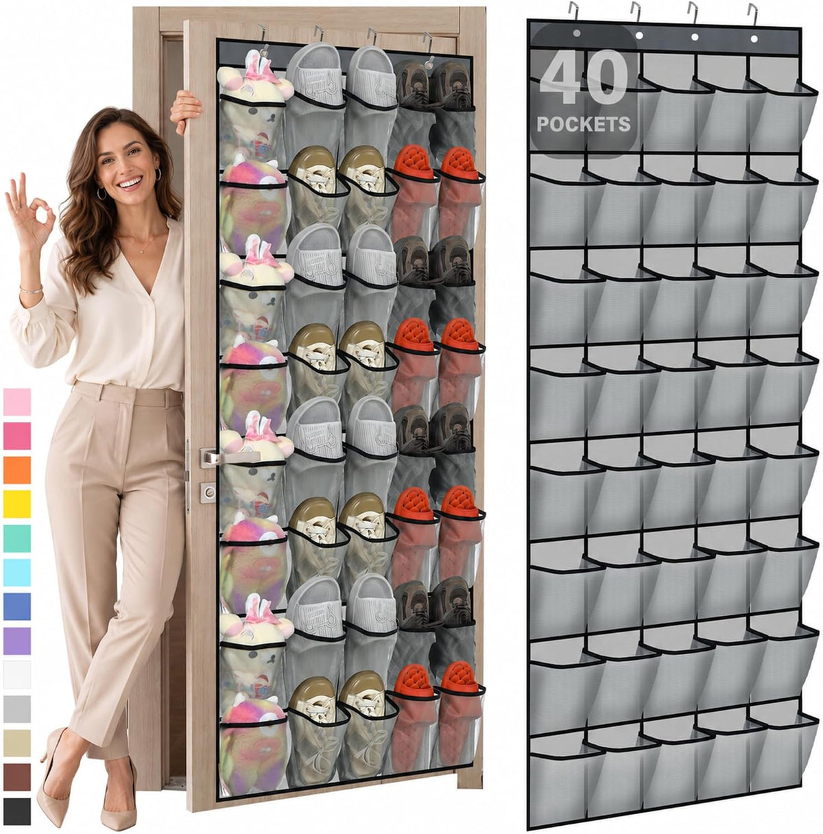 Windyun 1 Pcs 40 Pocket Over the Door Shoe Organizer, Gray
