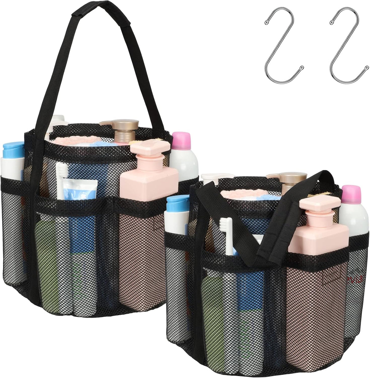 Mesh Shower Caddy Portable - 8 Pockets, S-Hook, Shower Bag for Dorm Camping