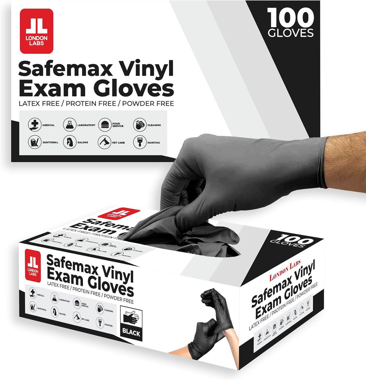 London Labs Black Synthetic Vinyl Exam Gloves Powder Free and Latex Free