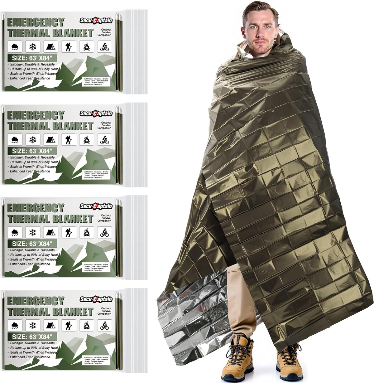 SecuCaptain Survival Emergency Thermal Blankets: Extra Large 84” x63” 4/10/25/30/50/75/100 PCS Space Mylar Blanket Kit for Outdoor Cold Winter Camping Hiking Car Bug Out Bag or First Aid