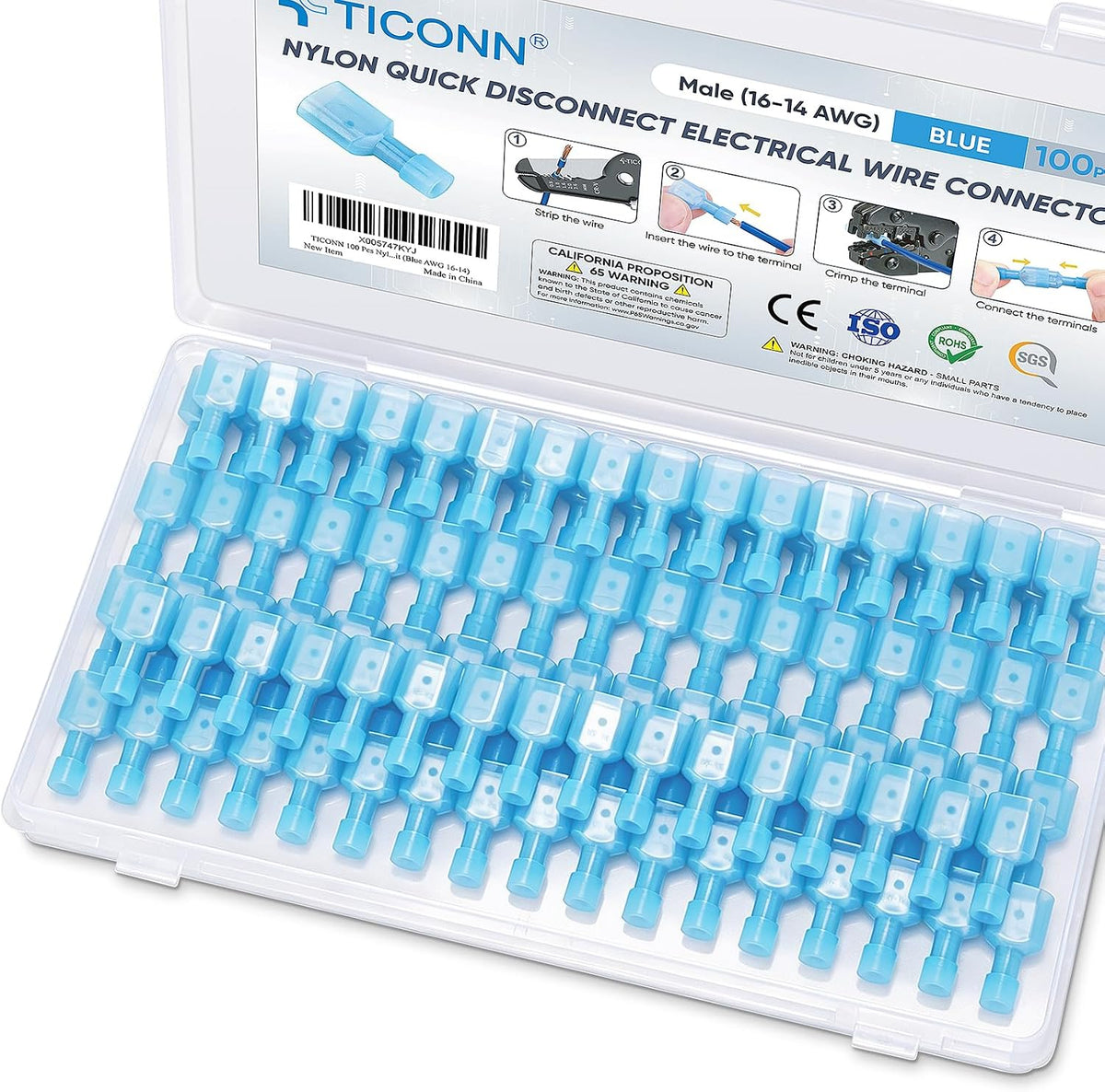 TICONN 100 Pcs Nylon Spade Connector Kit, Insulated Crimp Wire Connectors